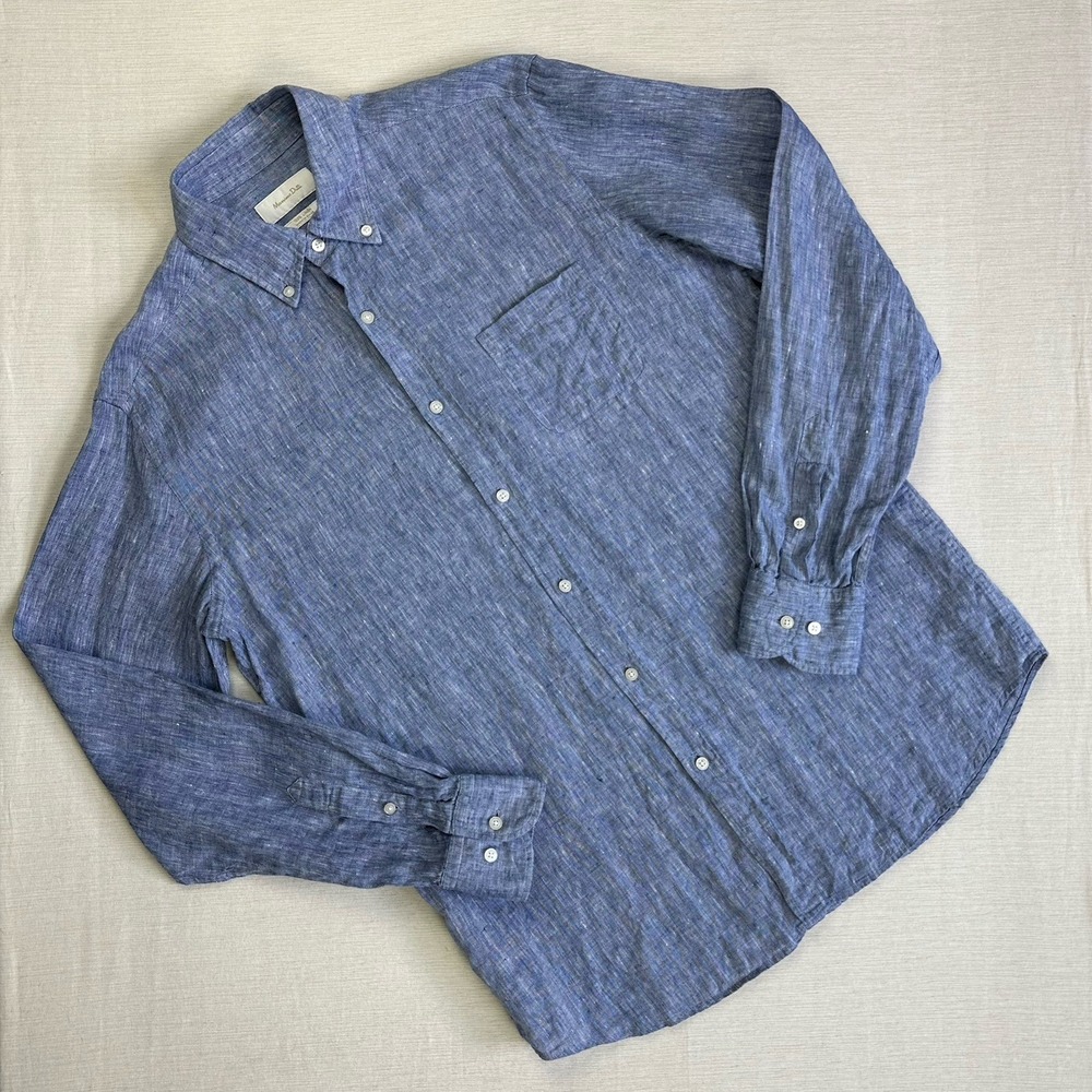 Massimo Dutti 100% Linen Shirt Regular Fit Fleck Button Up LS Men M Blue Preppy